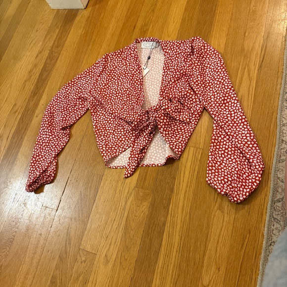 RESA Tops - RESA Red and White Patterned Tie-Front Blouse